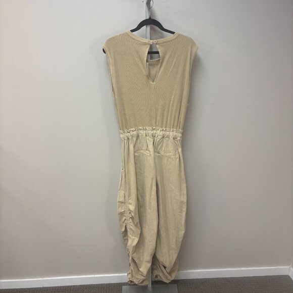 Free People Mixed Media One Piece Beige Sleeveless Jersey Knit Top Ruched Leg - Picture 2 of 14